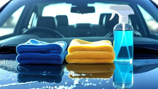 Kit de limpeza de vidros automotivos, mostrando duas flanelas de microfibra (uma molhada e uma seca) e um limpador de vidros especial, sobre um para-brisa limpo e sem manchas, ilustrando a técnica para visibilidade máxima.