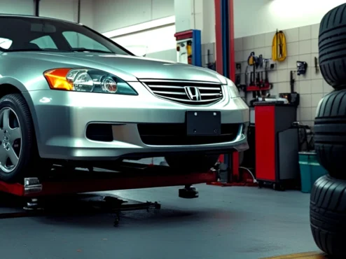 mecanico-fazendo-alinhamento-balanceamento-roda-carro-esportivo Mecânico automotivo realizando o alinhamento de direção em uma roda de carro esportivo, com equipamento de precisão, simbolizando a manutenção preventiva e a importância do alinhamento e balanceamento.