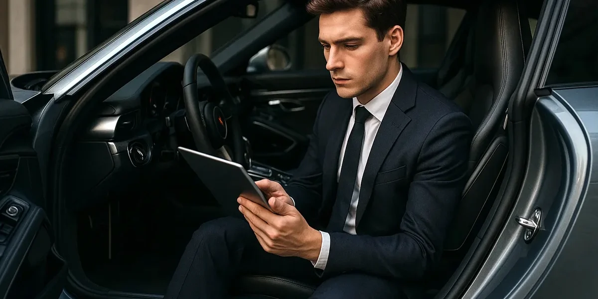 motorista-analisando-apolice-seguro-carro Um motorista jovem e engravatado está sentado no banco de um carro esportivo com a porta aberta, utilizando um tablet para analisar atentamente um contrato de seguro automotivo (apólice)