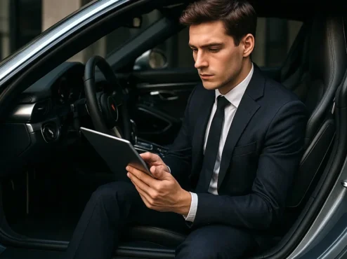 motorista-analisando-apolice-seguro-carro Um motorista jovem e engravatado está sentado no banco de um carro esportivo com a porta aberta, utilizando um tablet para analisar atentamente um contrato de seguro automotivo (apólice)
