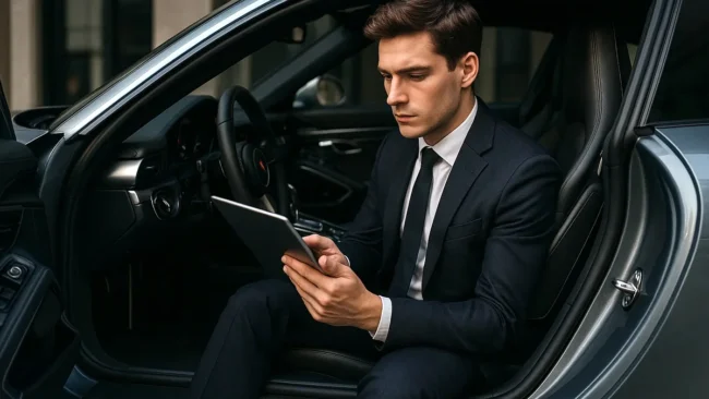 motorista-analisando-apolice-seguro-carro Um motorista jovem e engravatado está sentado no banco de um carro esportivo com a porta aberta, utilizando um tablet para analisar atentamente um contrato de seguro automotivo (apólice)
