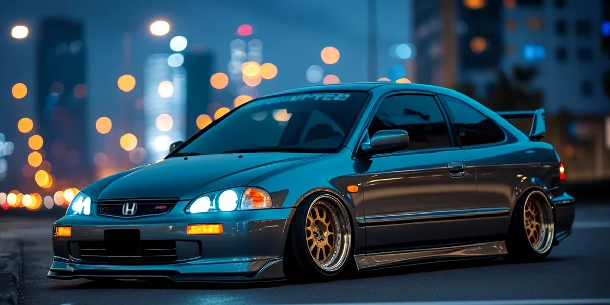 carro-jdm-barato-honda-civic-eg-modificado Honda Civic EG Coupé com rodas de liga leve (ou aftermarket) e suspensão rebaixada, representando um carro japonês barato e popular para iniciar um projeto JDM de modificação automotiva.