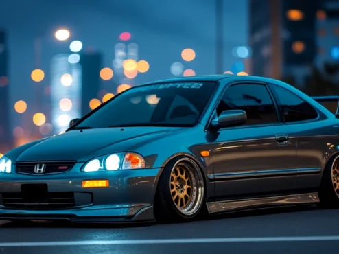 carro-jdm-barato-honda-civic-eg-modificado Honda Civic EG Coupé com rodas de liga leve (ou aftermarket) e suspensão rebaixada, representando um carro japonês barato e popular para iniciar um projeto JDM de modificação automotiva.