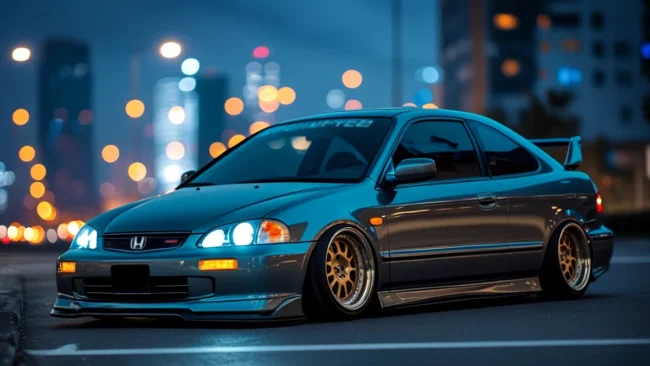 carro-jdm-barato-honda-civic-eg-modificado Honda Civic EG Coupé com rodas de liga leve (ou aftermarket) e suspensão rebaixada, representando um carro japonês barato e popular para iniciar um projeto JDM de modificação automotiva.