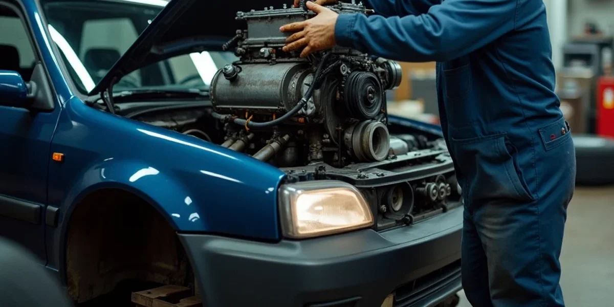 carro-modificado-swap-de-motor-turbo-brasil Mecânico trabalhando em um swap de motor turbo de alta performance em um carro clássico no Brasil, ilustrando a paixão por modificação automotiva.