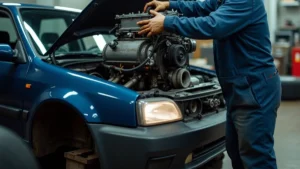 Mecânico trabalhando em um swap de motor turbo de alta performance em um carro clássico no Brasil, ilustrando a paixão por modificação automotiva.