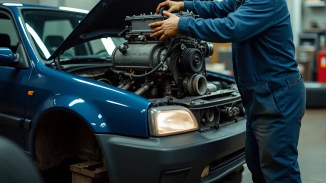 carro-modificado-swap-de-motor-turbo-brasil Mecânico trabalhando em um swap de motor turbo de alta performance em um carro clássico no Brasil, ilustrando a paixão por modificação automotiva.