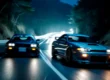 Dois carros esportivos japoneses (JDM), um Toyota AE86 e um Nissan Silvia, disputando uma corrida de Touge em uma estrada sinuosa de montanha à noite.
