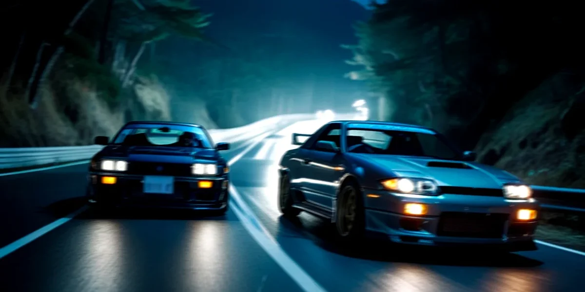 carros-jdm-competição-touge-montanha-noturna Dois carros esportivos japoneses (JDM), um Toyota AE86 e um Nissan Silvia, disputando uma corrida de Touge em uma estrada sinuosa de montanha à noite.
