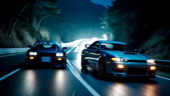 carros-jdm-competição-touge-montanha-noturna Dois carros esportivos japoneses (JDM), um Toyota AE86 e um Nissan Silvia, disputando uma corrida de Touge em uma estrada sinuosa de montanha à noite.
