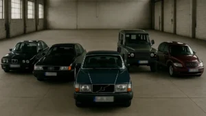 Imagem de cinco carros de luxo antigos (BMW, Audi, Volvo, Land Rover e PT Cruiser) que tiveram alta desvalorização e agora são vendidos por preço equivalente a uma moto, focando no alto custo de manutenção.