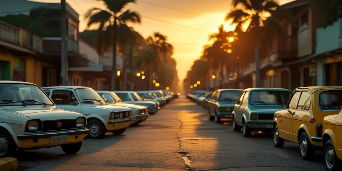 Carros populares antigos do Brasil, como Uno Mille, Gol bolinha e Corsa, que marcaram os anos 90 e 2000 e hoje quase não se veem nas ruas.