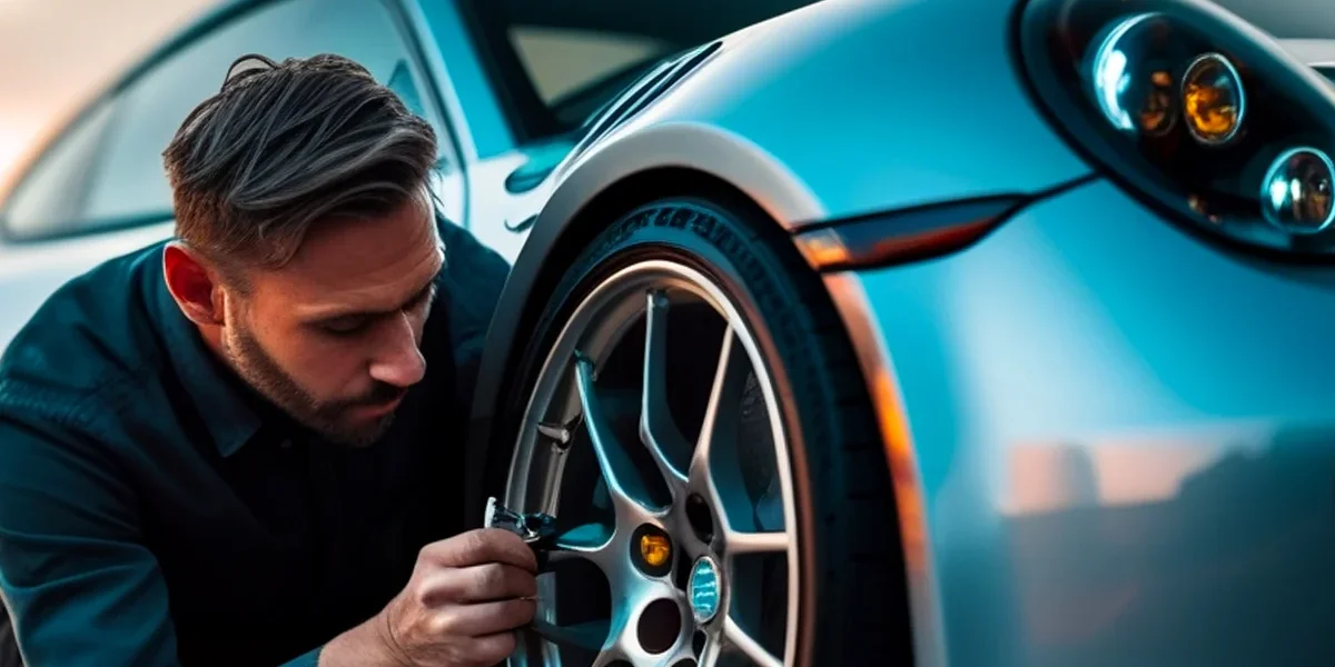 detalhamento-low-cost-carro-esportivo-brilhando Um entusiasta fazendo detalhamento em uma roda de carro esportivo, usando pincel e luva de lavagem para ilustrar técnicas de limpeza low cost.