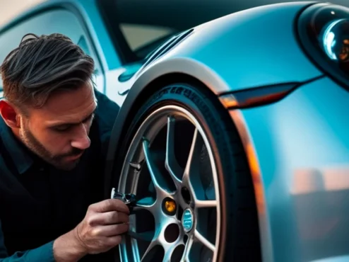 detalhamento-low-cost-carro-esportivo-brilhando Um entusiasta fazendo detalhamento em uma roda de carro esportivo, usando pincel e luva de lavagem para ilustrar técnicas de limpeza low cost.