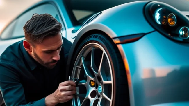 detalhamento-low-cost-carro-esportivo-brilhando Um entusiasta fazendo detalhamento em uma roda de carro esportivo, usando pincel e luva de lavagem para ilustrar técnicas de limpeza low cost.