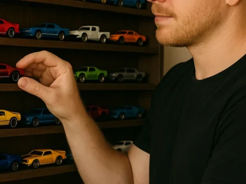 erros-comuns-colecionador-miniaturas-carros-diecast Um colecionador organizando suas miniaturas de carros em uma prateleira de exposição, demonstrando como evitar erros comuns de colecionismo.
