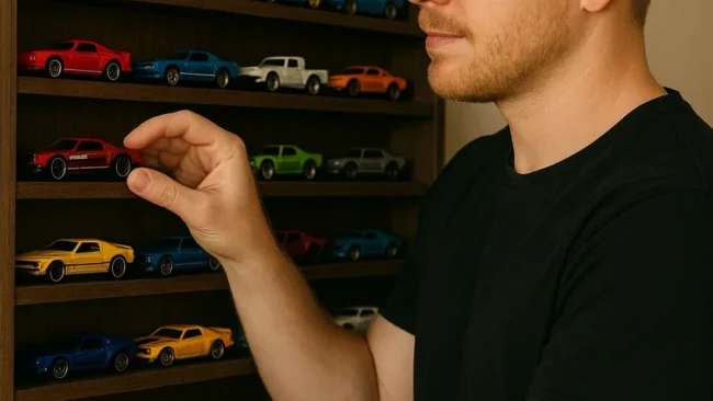 erros-comuns-colecionador-miniaturas-carros-diecast Um colecionador organizando suas miniaturas de carros em uma prateleira de exposição, demonstrando como evitar erros comuns de colecionismo.