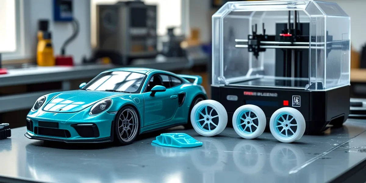impressao-3d-pecas-customizacao-miniaturas-diecast Uma miniatura de carro esportivo (diecast) com peças de modificação recém-impressas em 3D (spoiler e rodas) em resina, ao lado de uma impressora 3D de resina. A imagem ilustra a alta precisão e a capacidade de customização profissional que a tecnologia 3D oferece aos colecionadores e entusiastas de modificação automotiva.
