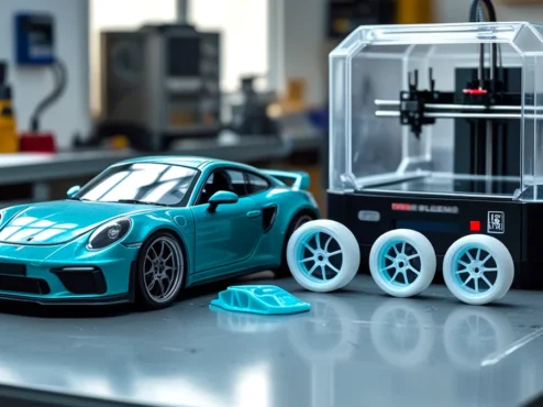 impressao-3d-pecas-customizacao-miniaturas-diecast Uma miniatura de carro esportivo (diecast) com peças de modificação recém-impressas em 3D (spoiler e rodas) em resina, ao lado de uma impressora 3D de resina. A imagem ilustra a alta precisão e a capacidade de customização profissional que a tecnologia 3D oferece aos colecionadores e entusiastas de modificação automotiva.