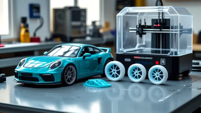impressao-3d-pecas-customizacao-miniaturas-diecast Uma miniatura de carro esportivo (diecast) com peças de modificação recém-impressas em 3D (spoiler e rodas) em resina, ao lado de uma impressora 3D de resina. A imagem ilustra a alta precisão e a capacidade de customização profissional que a tecnologia 3D oferece aos colecionadores e entusiastas de modificação automotiva.