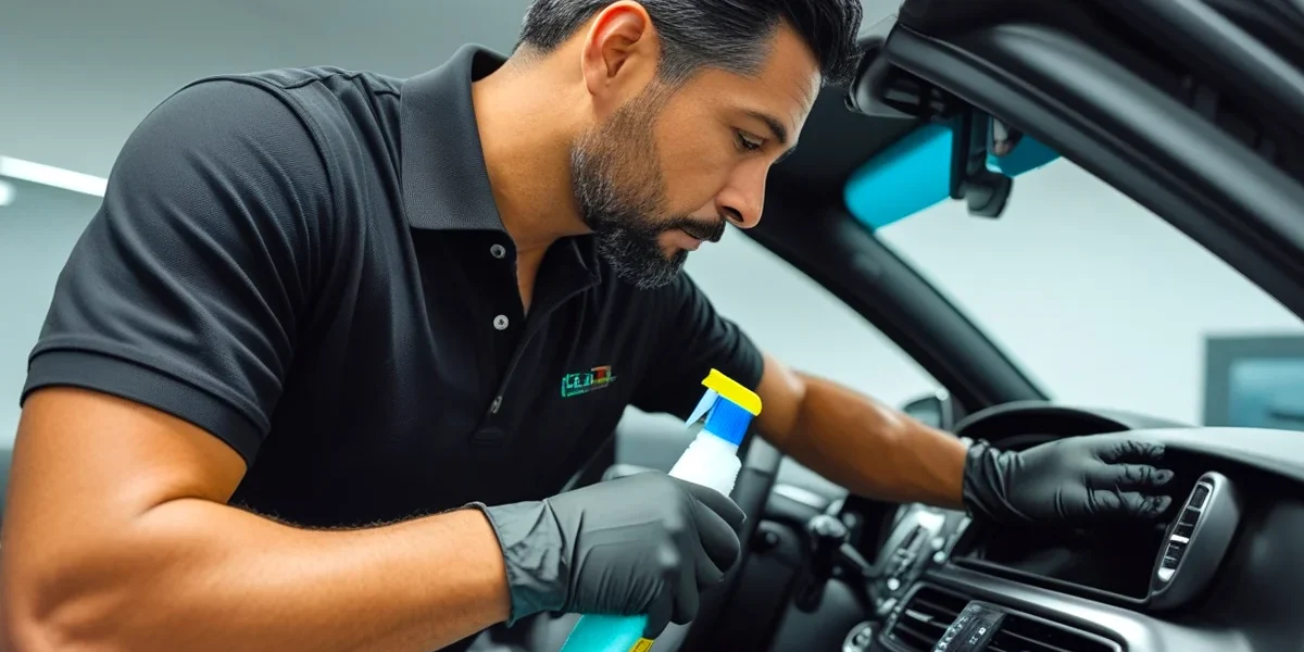 limpeza-higienizacao-interior-carro-cheiro-novo Detalhamento do interior de um carro, com foco em um bico de aspirador limpando o carpete e uma leve névoa (higienização) no ar.