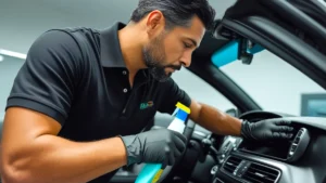 Detalhamento do interior de um carro, com foco em um bico de aspirador limpando o carpete e uma leve névoa (higienização) no ar.