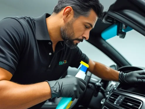 limpeza-higienizacao-interior-carro-cheiro-novo Detalhamento do interior de um carro, com foco em um bico de aspirador limpando o carpete e uma leve névoa (higienização) no ar.