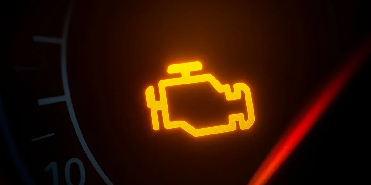 luz-injecao-eletronica-acesa-painel-carro Painel de carro com a luz de injeção eletrônica acesa (símbolo de motor amarelo), indicando a necessidade urgente de diagnóstico para evitar danos ao motor ou catalisador.