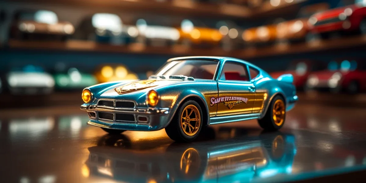 miniatura-rara-hot-wheels-super-treasure-hunt-colecao Close-up de uma miniatura de carro rara, modelo Super Treasure Hunt da Hot Wheels, brilhando em uma prateleira de colecionador, destacando sua pintura especial.
