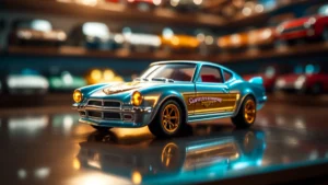 Close-up de uma miniatura de carro rara, modelo Super Treasure Hunt da Hot Wheels, brilhando em uma prateleira de colecionador, destacando sua pintura especial.
