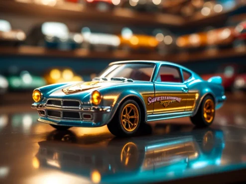 miniatura-rara-hot-wheels-super-treasure-hunt-colecao Close-up de uma miniatura de carro rara, modelo Super Treasure Hunt da Hot Wheels, brilhando em uma prateleira de colecionador, destacando sua pintura especial.