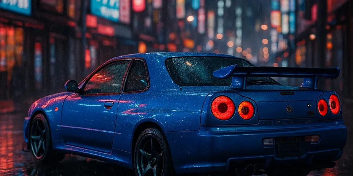 Nissan Skyline GT-R R34 azul, um ícone JDM e carro lendário, mostrando seu design agressivo e faróis traseiros circulares.