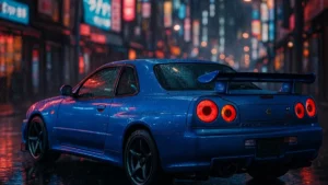 Nissan Skyline GT-R R34 azul, um ícone JDM e carro lendário, mostrando seu design agressivo e faróis traseiros circulares.