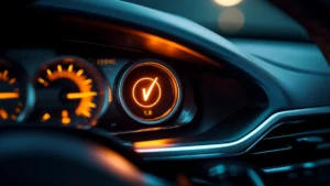 Painel de carro com o ícone da luz de injeção acesa em destaque, simbolizando a necessidade de diagnóstico e manutenção preventiva.