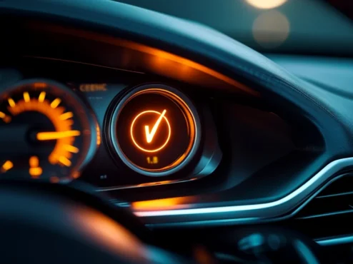 painel-carro-luz-injecao-acessa-diagnostico Painel de carro com o ícone da luz de injeção acesa em destaque, simbolizando a necessidade de diagnóstico e manutenção preventiva.