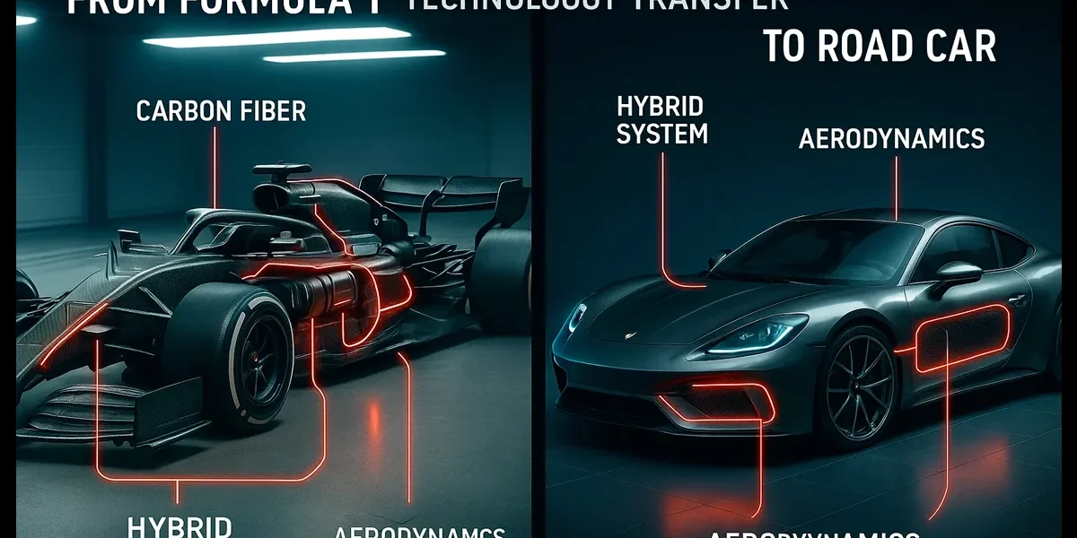 tecnologia-formula-1-carro-de-rua-hibrido Imagem comparativa da tecnologia de Fórmula 1 e um carro esportivo de rua, destacando como inovações como fibra de carbono, sistemas híbridos e aerodinâmica da F1 são aplicadas na engenharia de carros de rua modernos.