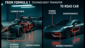 Imagem comparativa da tecnologia de Fórmula 1 e um carro esportivo de rua, destacando como inovações como fibra de carbono, sistemas híbridos e aerodinâmica da F1 são aplicadas na engenharia de carros de rua modernos.
