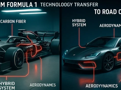 tecnologia-formula-1-carro-de-rua-hibrido Imagem comparativa da tecnologia de Fórmula 1 e um carro esportivo de rua, destacando como inovações como fibra de carbono, sistemas híbridos e aerodinâmica da F1 são aplicadas na engenharia de carros de rua modernos.