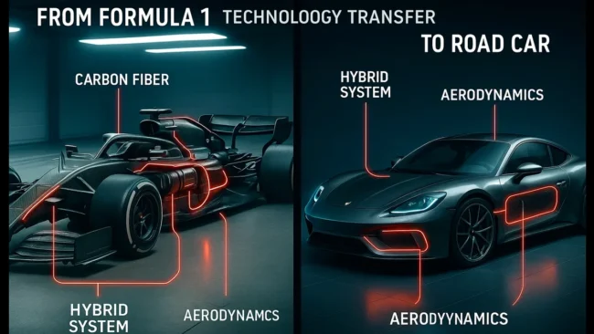 tecnologia-formula-1-carro-de-rua-hibrido Imagem comparativa da tecnologia de Fórmula 1 e um carro esportivo de rua, destacando como inovações como fibra de carbono, sistemas híbridos e aerodinâmica da F1 são aplicadas na engenharia de carros de rua modernos.