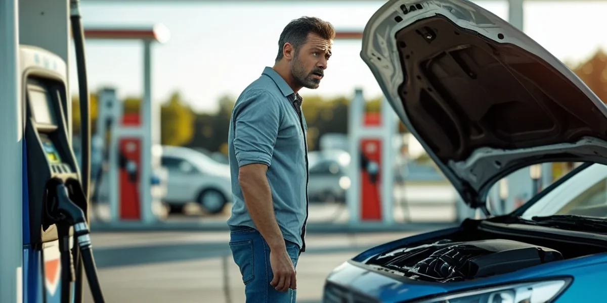 Motorista preocupado ao lado de um carro com o capô aberto em um posto de gasolina após abastecer e o motor falhar.