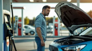 Motorista preocupado ao lado de um carro com o capô aberto em um posto de gasolina após abastecer e o motor falhar.