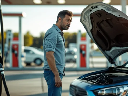 Motorista preocupado ao lado de um carro com o capô aberto em um posto de gasolina após abastecer e o motor falhar.