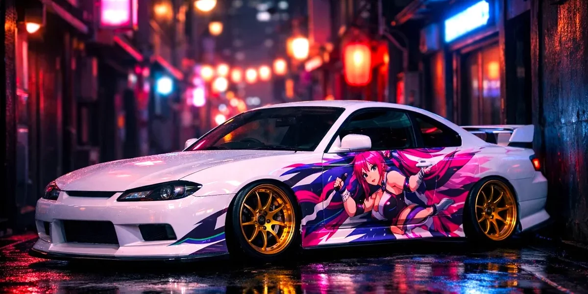 Carro esportivo japonês branco com envelopamento colorido de personagem de anime, rodas douradas e estilo Itasha clássico.