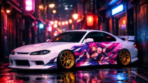Carro esportivo japonês branco com envelopamento colorido de personagem de anime, rodas douradas e estilo Itasha clássico.