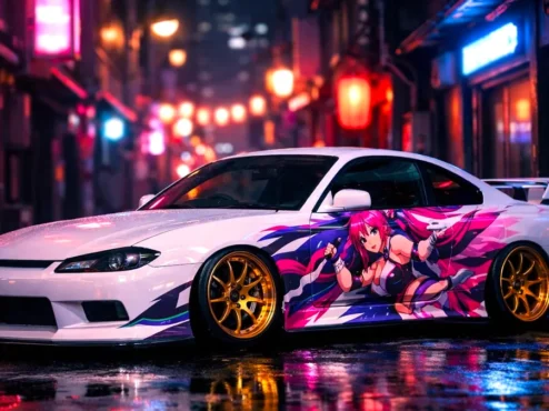 carro-itasha-jdm-anime-wrap-style Carro esportivo japonês branco com envelopamento colorido de personagem de anime, rodas douradas e estilo Itasha clássico.