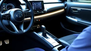 Vista de um painel de carro japonês com alavanca de câmbio automática, simbolizando a preferência pelo conforto no Japão.