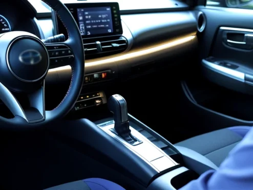 carro-japones-automatico-transmissao-cvt Vista de um painel de carro japonês com alavanca de câmbio automática, simbolizando a preferência pelo conforto no Japão.