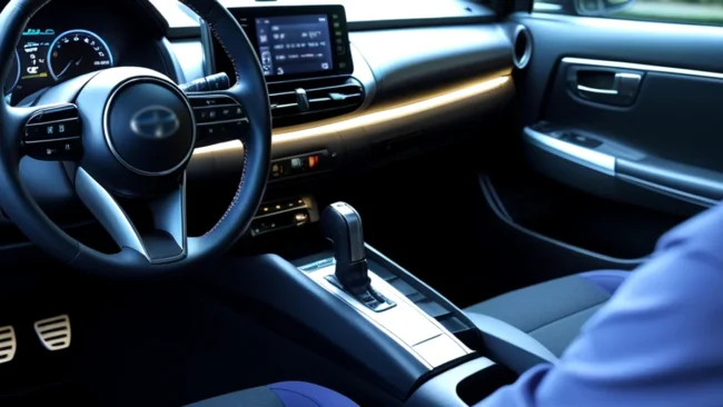 carro-japones-automatico-transmissao-cvt Vista de um painel de carro japonês com alavanca de câmbio automática, simbolizando a preferência pelo conforto no Japão.