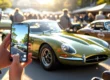 Homem segurando smartphone e fotografando um carro esportivo clássico em um evento de carros e café ao ar livre.