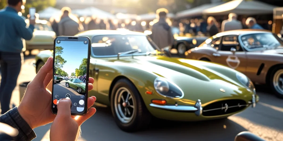 Homem segurando smartphone e fotografando um carro esportivo clássico em um evento de carros e café ao ar livre.